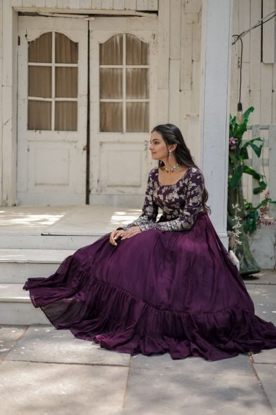 Wine Color Faux Blooming Embroidery Work Long Gown Anarkali Kurtis 