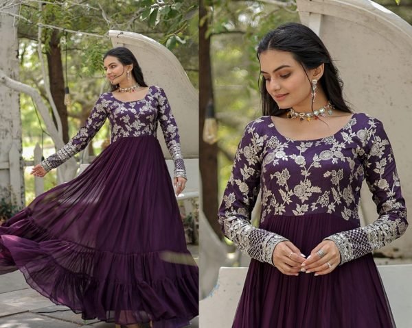 Wine Color Faux Blooming Embroidery Work Long Gown Anarkali Kurtis 