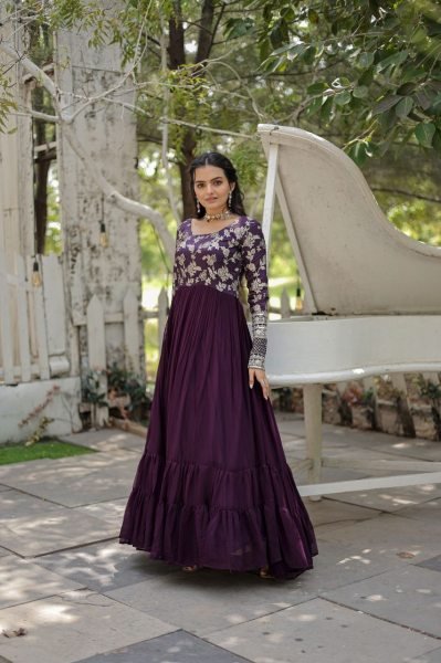 Wine Color Faux Blooming Embroidery Work Long Gown Anarkali Kurtis 