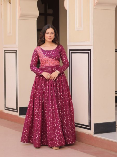 Wine Color Position Print Choli Gown with Jacquard Weaving Patta Ready to Wear Wholesale Price