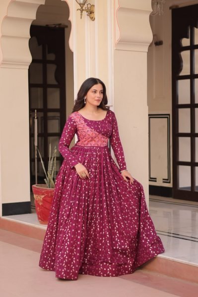 Wine Color Position Print Choli Gown with Jacquard Weaving Patta Ready to Wear Wholesale Price Anarkali Kurtis 