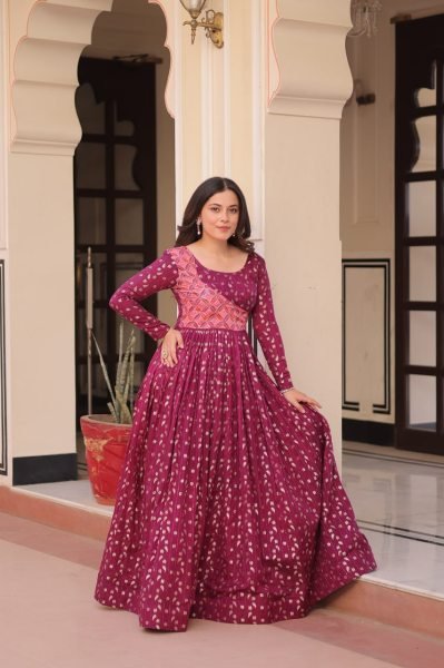 Wine Color Position Print Choli Gown with Jacquard Weaving Patta Ready to Wear Wholesale Price Anarkali Kurtis 