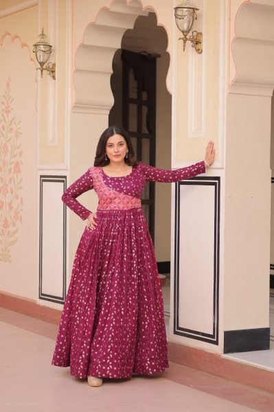 Wine Color Position Print Choli Gown with Jacquard Weaving Patta Ready to Wear Wholesale Price Anarkali Kurtis 