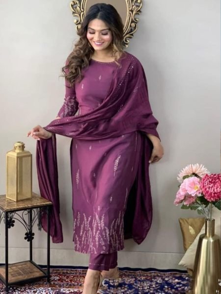 Wine Color Rayon Kurti Pant Set With Embroidery Work  3 Piece Kurti Set
