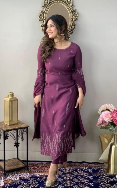 Wine Color Rayon Kurti Pant Set With Embroidery Work  3 Piece Kurti Set