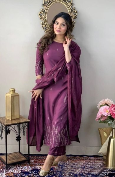Wine Color Rayon Kurti Pant Set With Embroidery Work  3 Piece Kurti Set