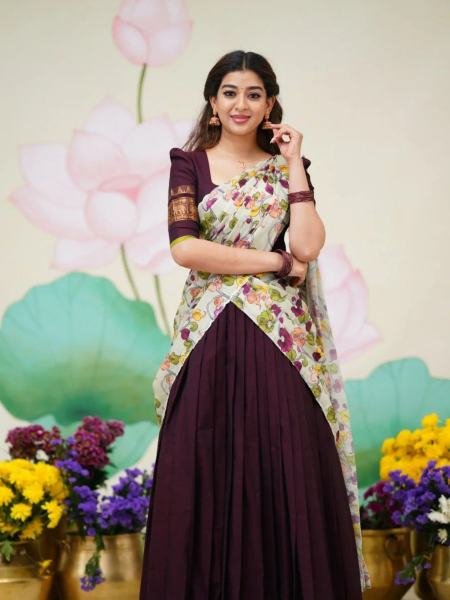 Wine Color South Indian Half Saree With Printed Voni at Wholesale Rates  Lehenga
