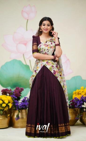 Wine Color South Indian Half Saree With Printed Voni at Wholesale Rates Half Saree Lehenga
