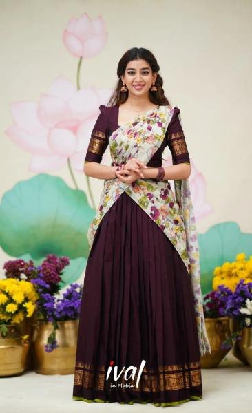 Wine Color South Indian Half Saree With Printed Voni at Wholesale Rates Half Saree Lehenga