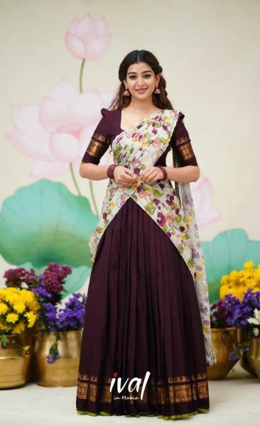 Wine Color South Indian Half Saree With Printed Voni at Wholesale Rates Half Saree Lehenga