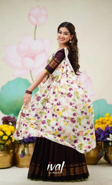 Wine Color South Indian Half Saree With Printed Voni at Wholesale Rates Half Saree Lehenga