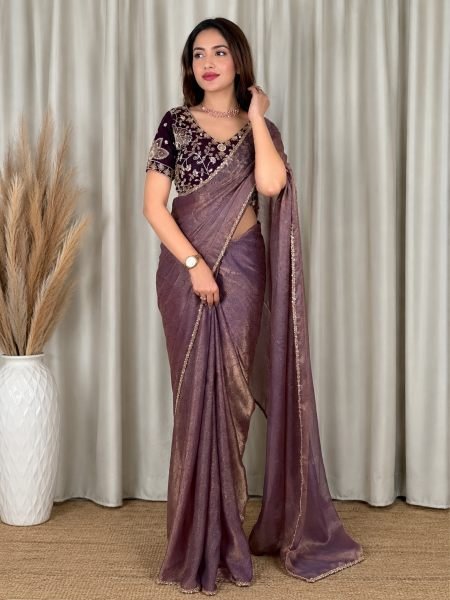 Wine Designer Fandy Satin Jacquard Saree with  Applique Work Blouse at Wholesale Price Sarees 