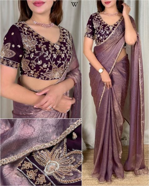 Wine Designer Fandy Satin Jacquard Saree with  Applique Work Blouse at Wholesale Price Designer Wedding Sarees Wholesale