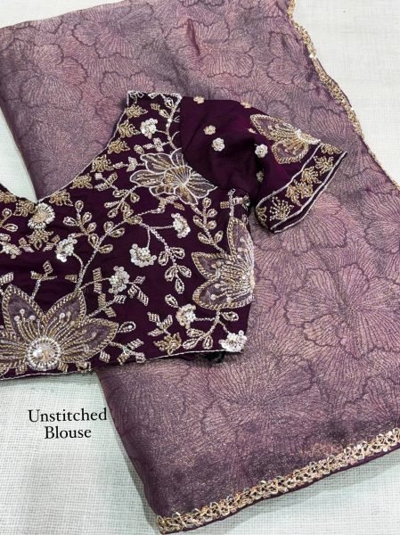 Wine Designer Fandy Satin Jacquard Saree with  Applique Work Blouse at Wholesale Price Designer Wedding Sarees Wholesale