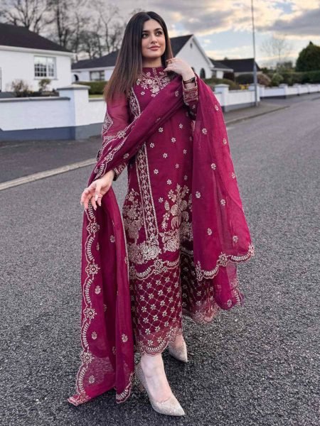 Wine Elite Faux Georgette Suit with Heavy Embroidery Perfect for Wedding Guests  Ready To Wear Suit
