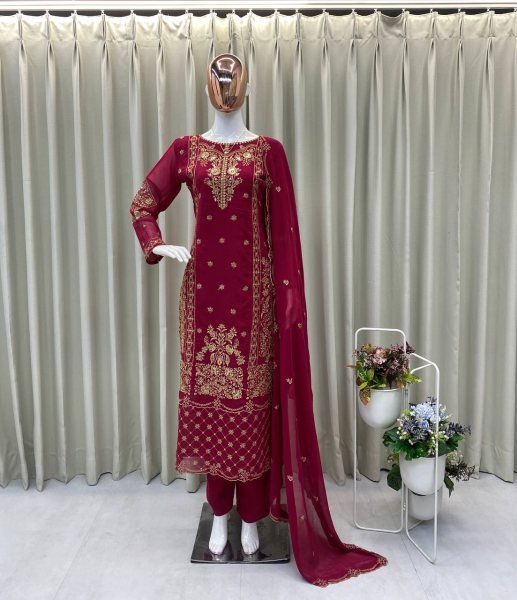 Wine Elite Faux Georgette Suit with Heavy Embroidery Perfect for Wedding Guests  Ready To Wear Collection
