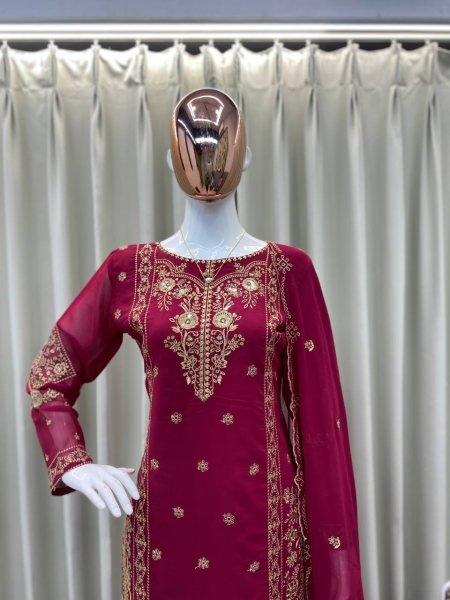 Wine Elite Faux Georgette Suit with Heavy Embroidery Perfect for Wedding Guests  Ready To Wear Collection