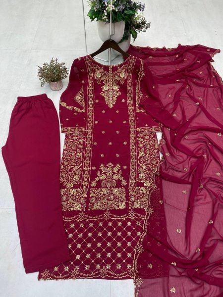 Wine Elite Faux Georgette Suit with Heavy Embroidery Perfect for Wedding Guests  Ready To Wear Collection