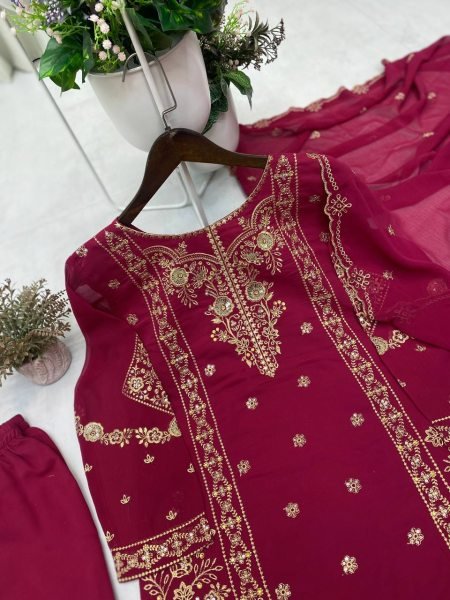 Wine Elite Faux Georgette Suit with Heavy Embroidery Perfect for Wedding Guests  Ready To Wear Collection