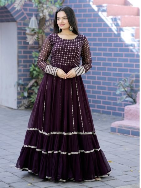 wine Faux Blooming Gown With Sequins Multi Silver Jari Embroidered Work Anarkali
