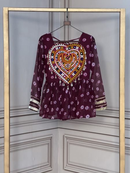Wine Faux Georgette Bandhani Print Top with Kutchi Gamthi Patchwork For Dhandiya  Kurtis
