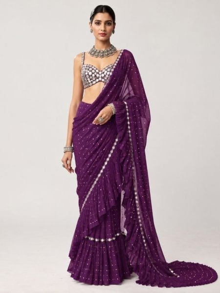 Wine Faux Georgette Crush Pleated Saree with Sequin Embroidery Work at Wholesale Rate Sarees 