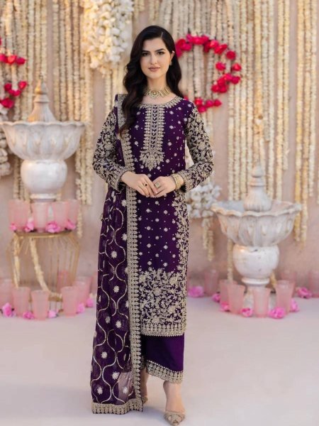 Wine Faux Georgette Embroidered Salwar Suit with Dupatta and Pant for Weddings Ready To Wear Suit