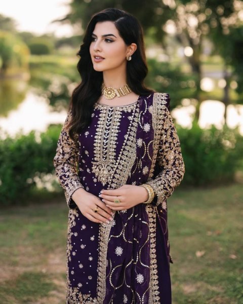 Wine Faux Georgette Embroidered Salwar Suit with Dupatta and Pant for Weddings Ready To Wear Collection