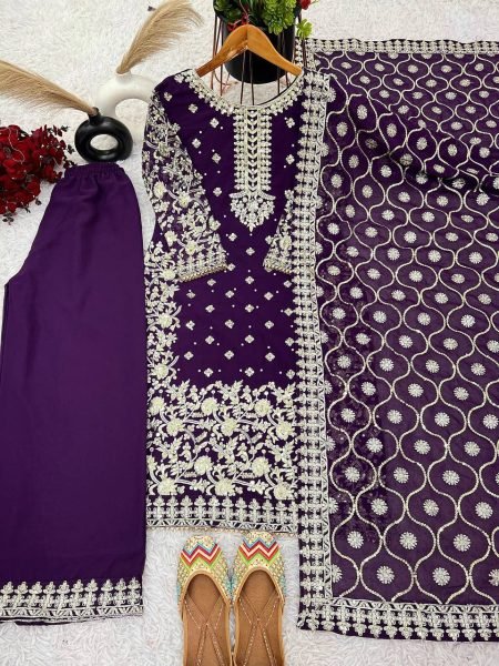 Wine Faux Georgette Embroidered Salwar Suit with Dupatta and Pant for Weddings Ready To Wear Collection