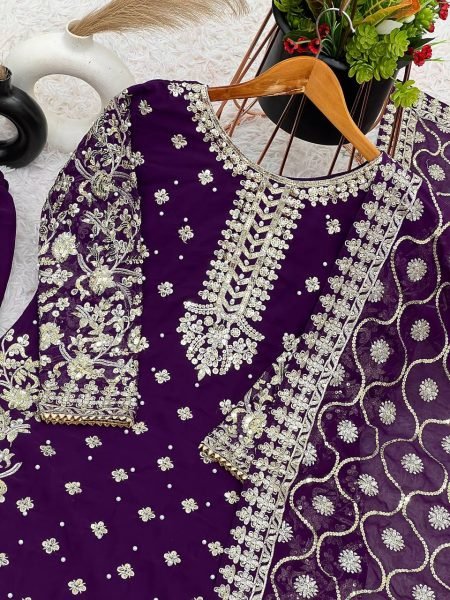 Wine Faux Georgette Embroidered Salwar Suit with Dupatta and Pant for Weddings Ready To Wear Collection
