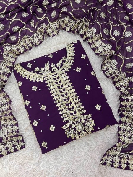 Wine Faux Georgette Embroidered Salwar Suit with Dupatta and Pant for Weddings Ready To Wear Collection