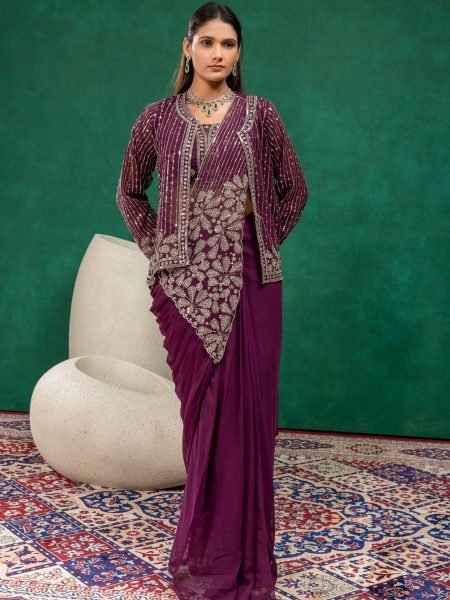 Wine Faux Georgette Semi-Beads Embroidered Drape Saree Collection at Wholesale Rate Sarees 