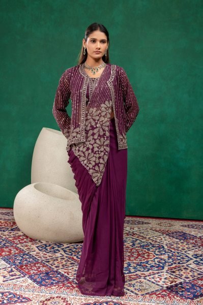 Wine Faux Georgette Semi-Beads Embroidered Drape Saree Collection at Wholesale Rate Ready To Wear Saree 