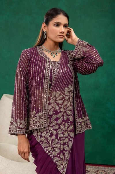 Wine Faux Georgette Semi-Beads Embroidered Drape Saree Collection at Wholesale Rate Ready To Wear Saree 