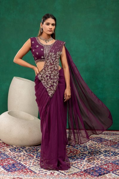 Wine Faux Georgette Semi-Beads Embroidered Drape Saree Collection at Wholesale Rate Ready To Wear Saree 