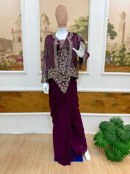 Wine Faux Georgette Semi-Beads Embroidered Drape Saree Collection at Wholesale Rate Ready To Wear Saree 