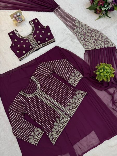 Wine Faux Georgette Semi-Beads Embroidered Drape Saree Collection at Wholesale Rate Ready To Wear Saree 