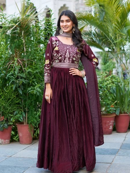 Wine Fendy Silk Sequence Embroidery Gown with Dupatta Ready to Wear for Diwali Functions 
