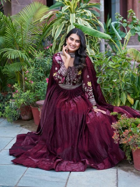 Wine Fendy Silk Sequence Embroidery Gown with Dupatta Ready to Wear for Diwali Functions Anarkali Kurtis 