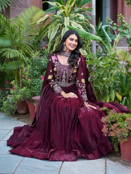 Wine Fendy Silk Sequence Embroidery Gown with Dupatta Ready to Wear for Diwali Functions Anarkali Kurtis 