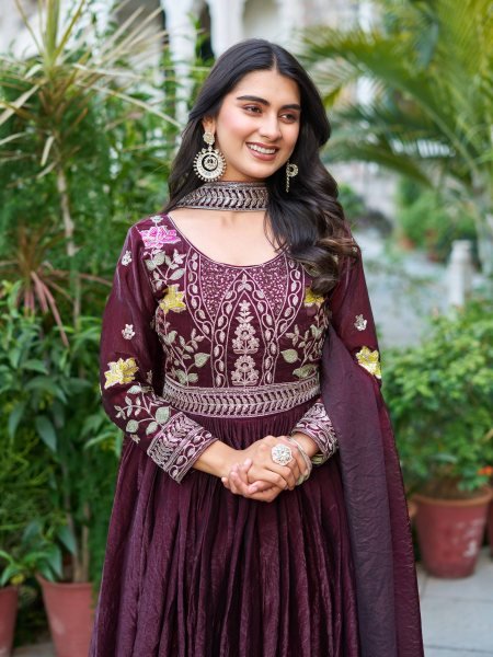 Wine Fendy Silk Sequence Embroidery Gown with Dupatta Ready to Wear for Diwali Functions Anarkali Kurtis 