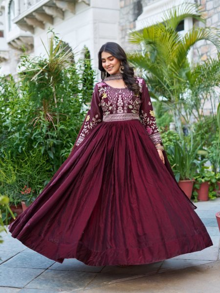 Wine Fendy Silk Sequence Embroidery Gown with Dupatta Ready to Wear for Diwali Functions Anarkali Kurtis 
