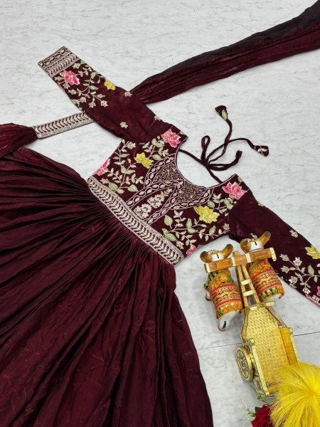 Wine Fendy Silk Sequence Embroidery Gown with Dupatta Ready to Wear for Diwali Functions Anarkali Kurtis 