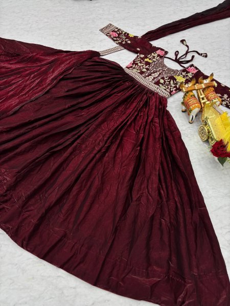 Wine Fendy Silk Sequence Embroidery Gown with Dupatta Ready to Wear for Diwali Functions Anarkali Kurtis 