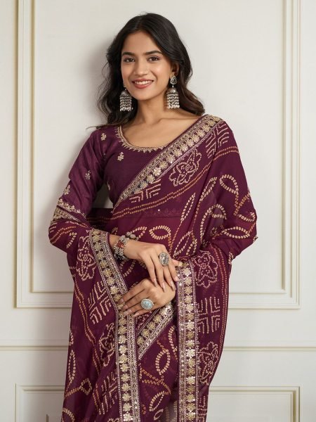 Wine Georgette Bandhej Saree with Zari Embroidery Border Royal Party Wear Sarees 
