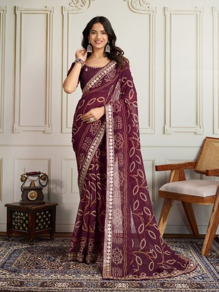 Wine Georgette Bandhej Saree with Zari Embroidery Border Royal Party Wear Bandhej Sarees Wholesale