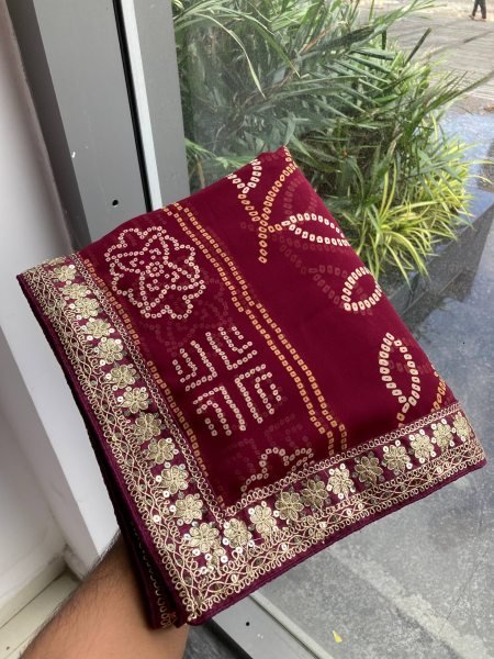 Wine Georgette Bandhej Saree with Zari Embroidery Border Royal Party Wear Bandhej Sarees Wholesale