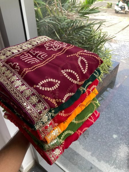 Wine Georgette Bandhej Saree with Zari Embroidery Border Royal Party Wear Bandhej Sarees Wholesale