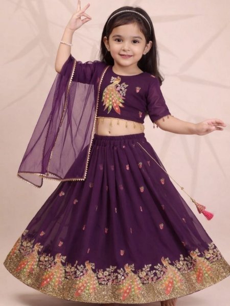 Wine Georgette Coding Work Girls Lehenga Set with Heavy Lace Dupatta for Festive Wear Kurtis