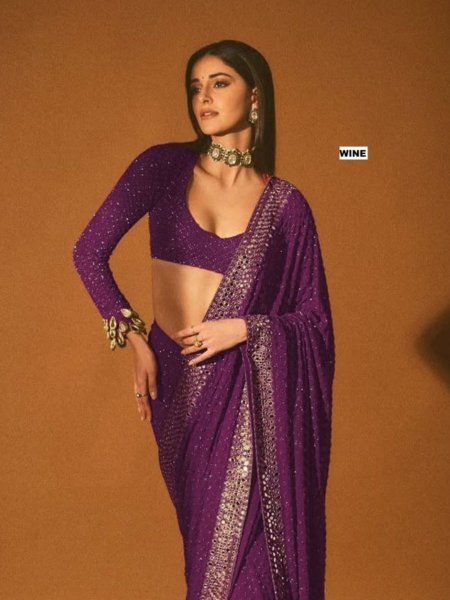 Wine Georgette Embroidery Saree At Export Quality for Bollywood Inspired Look Sarees 